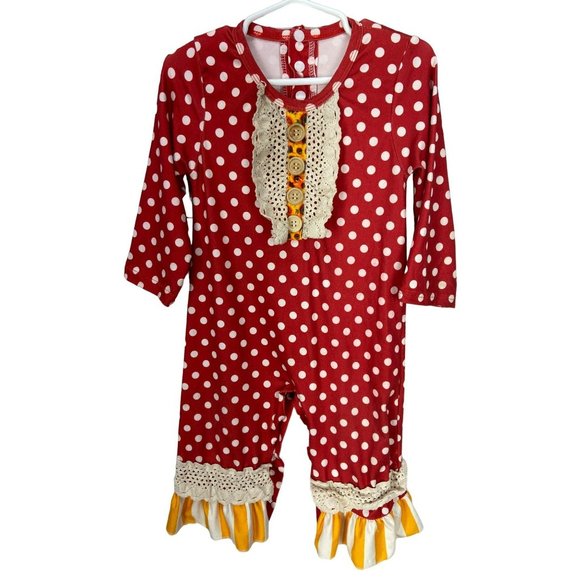 Sunflower Red White Polka Dots Size Small 2T Lace One Piece Romper - Picture 1 of 8